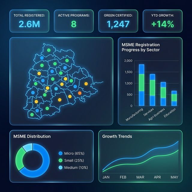 RAMP Telangana MSME Dashboard showing district-wise analytics and sector insights